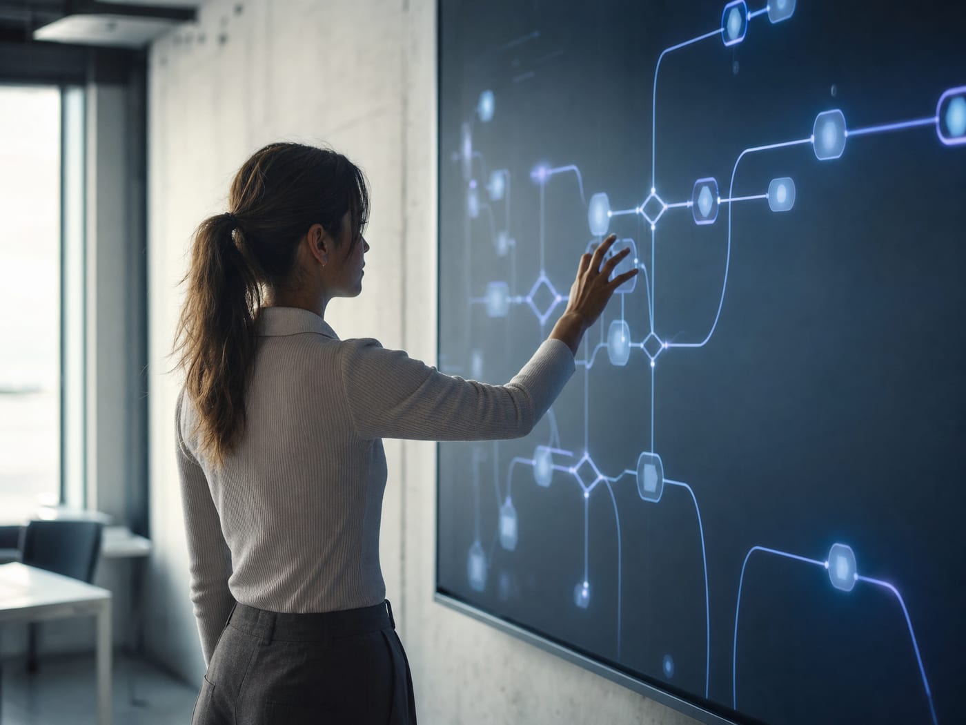 A marketing operations specialist reviewing an automation workflow diagram