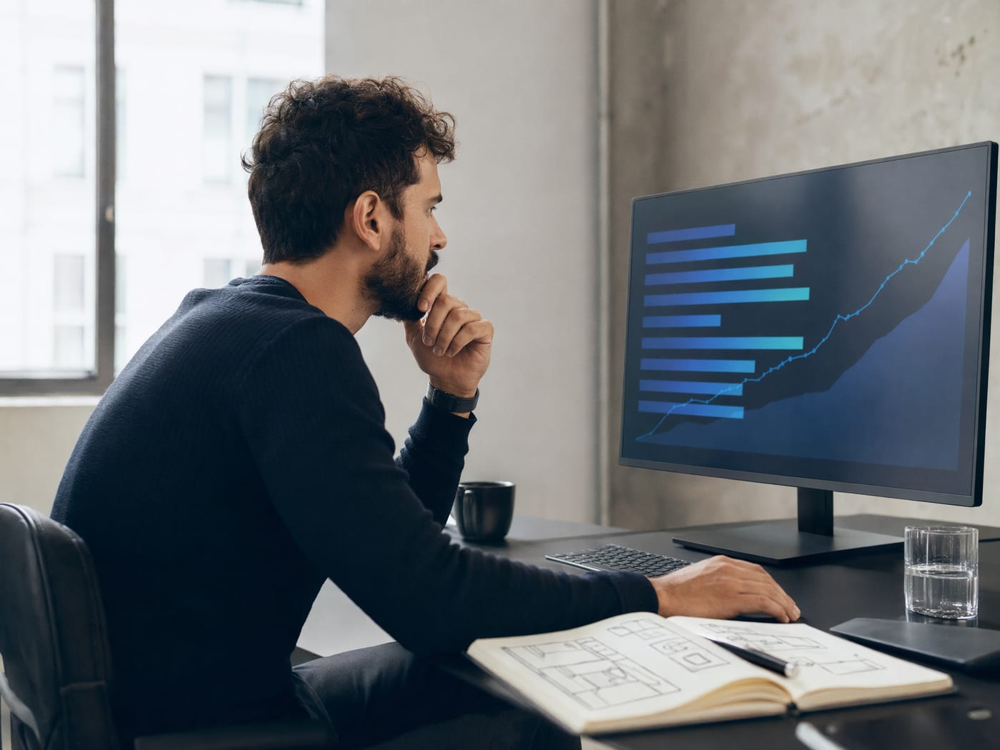 An SEO specialist reviewing ranking and traffic trends on a monitor