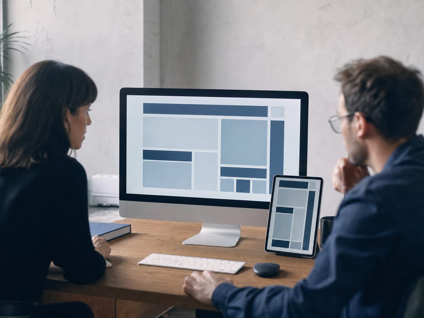 A designer and developer reviewing a responsive layout together